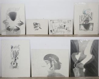 70	7 Charcoal Drawings by Steve Mayo	"Steve Mayo (American, 20th century). 7 charcoal drawings on Crescent board, all unsigned. 6 drawing wrapped in plastic covers. Charcoal smudges to boards. 

Largest 40"" x 30"", smallest 20"" x 28""."
