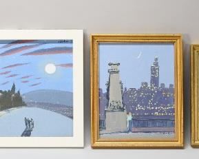 74	4 Martin Minahan Oils on Board	"Martin Minahan, (New Jersey, 1945-2022). Couple by New York City skyline, signed lower right and dated March 1991 on verso. ""July Super Moon"", signed upper right and dated 7/12/2014 on verso. Flying man in snowy NYC skyline, signed lower left on bush. Lovers in  NYC, signed upper left and dated October 1990 on verso. Light stains to board of July Super Moon and lovers looking at skyline. Wear to all frames. 

Largest work: 8 1/2"" x 11 1/2"", with frame 10"" x 13""."
