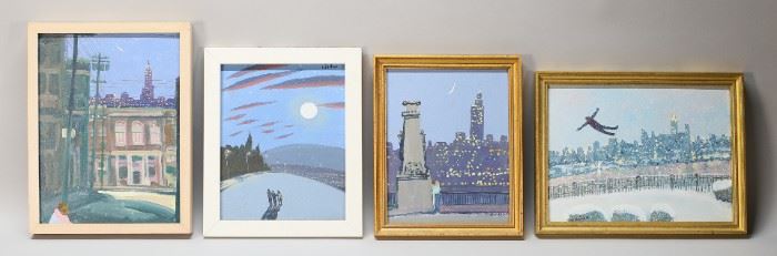 74	4 Martin Minahan Oils on Board	"Martin Minahan, (New Jersey, 1945-2022). Couple by New York City skyline, signed lower right and dated March 1991 on verso. ""July Super Moon"", signed upper right and dated 7/12/2014 on verso. Flying man in snowy NYC skyline, signed lower left on bush. Lovers in  NYC, signed upper left and dated October 1990 on verso. Light stains to board of July Super Moon and lovers looking at skyline. Wear to all frames. 

Largest work: 8 1/2"" x 11 1/2"", with frame 10"" x 13""."

