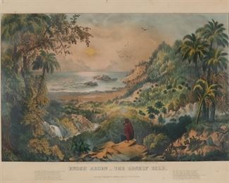 73	Currier & Ives Lithograph Enoch Arden	Currier & Ives lithograph, Enoch Arden - The Lonely Isle. 1869, Currier & Ives, Nassau St., New York. 18 3/4" x 26" (with frame 29 5/8" x 36 7/8"). Waviness to paper, foxing, mat burn and staining throughout.
