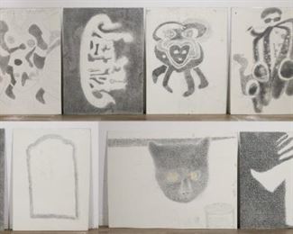 72	8 Steve Mayo Charcoals on Board	Steve Mayo (American, 20th / 21st century). 8 charcoal drawings on artist board. All unsigned and unframed. Each 40" x 30". Some smudging to charcoal.
