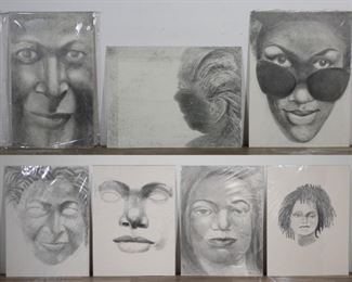 71	7 Charcoal Portraits by Steve Mayo	"Steve Mayo (American, 20th century). 7 charcoal drawings on Crescent board of portraits and a profile. All unsigned. Each in plastic covers. Charcoal smudging to boards.

40"" x 30"". Smallest drawing 40 x 24""."
