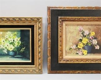 75	2 Floral Still Life Oils	2 floral still life oils. Oil on canvas, signed lower right Garrian, 7 1/2" x 9 1/2" (with frame 13 1/4" x 15 1/4"); oil on board unsigned, with Todd Gallery COA attributed to Desmond, 7 1/2" x 9 1/2" (with 16" x 18").
