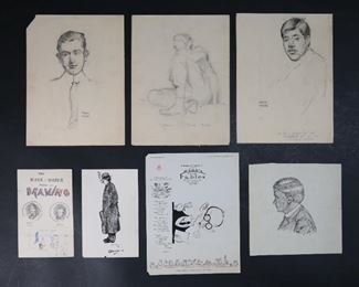 77	Grouping of Ink and Pencil Drawings Moser and Kole	"Grouping of 7 mostly ink and pencil drawings of  Frank Moser (1886-1964) and Kole.  Includes an ink ad of ""The Kole and Moser School of Drawing"", a Kole ink drawing, 4 Moser portraits, and an Aesop Fables print ad.
Largest 12"" x 9"""
