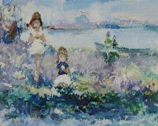 80	Impressionist Oil on Canvas Picking Flowers	Impressionist style oil on canvas, girls picking flowers at shoreline. Unsigned. 23 2/1" x 35 1/2" (with frame 28 1/2" x 40 1/2").
