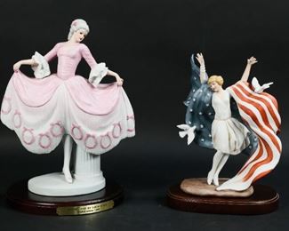 82	2 Louis Icart Porcelain Figurines	After Louis Icart (France, 1888-1950). 2 limited edition porcelain figurines. 1927 Miss America, circa 1984, No. 488 from an edition of 10,000, with original box, figurine 9"H not including wooden base; 1929 Minuet, circa 1990, No. 118 from an edition of 7,500, figurine 11"H not including wooden base. Wear, tear and losses to Miss America box.
