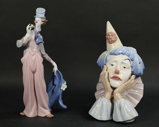 87	2 Lladro Porcelain Clown Figures	2 Lladro porcelain clowns. Sad Jester bust, 12 1/4"H; A Mile of Style clown figurine, 13 3/4"H.
