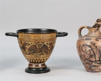 93	4 Reproduction Greek Pottery Vessels	"4 reproduction museum copy Greek pottery vessels. 3 jugs, smallest labeled ""Corinthian Copy 670 BC Hand Made,"" medium labeled ""Mynoan Real Copy 1500 BC Heraclion Musicians Hand Made in Greece Copy""; two handled vase labeled ""Museum Copy Skypos 550 BC. Largest jug 7 5/8""H to top of handle. Minor flakes and losses to decoration on largest jug, flakes to decoration and repairs to handles on vase, flakes to decoration on medium sized jug. 



Largest jug 7 5/8"" to top of handle."
