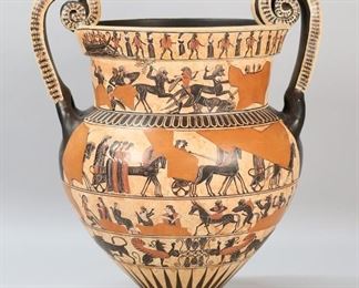 94	Reproduction Greek Pottery Krater	Reproduction museum copy Greek pottery krater vase. Museum Florence. With hunt, battle, wedding and mythological scenes. 16 7/8"H to top of handles. Minor flakes to painted decoration.
