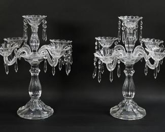 97	Pair of Crystal Candelabra	Pair of Baccarat style 5 light crystal candelabra. 16 5/8"H. Crack to plastic insert on one.
