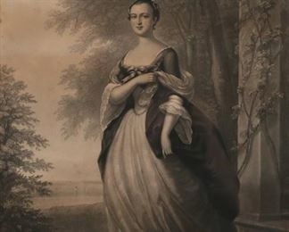 132	After W. Oliver Stone Martha Washington Engraving	After William Oliver Stone (American, 1830-1875), after John Wollaston Jr. (English, 1710-1775). Engraving of Martha Washington. 25 3/4" x 18 1/4" (with frame 36" x 28"). Discoloration and staining to mat, foxing upper left.
