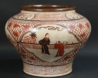 145	Chinese Crackle Glaze Jar	Chinese crackle glaze jar with copper red decoration and daily life scenes. 11 3/4"H x 9 3/4"-diameter at top.
