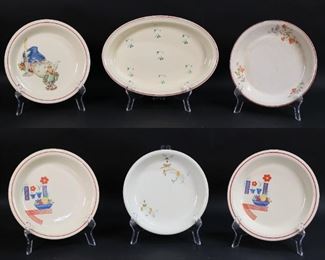 155	Grouping of Serving Dishes	Five pie dishes, one platter, Royal Ovenserve, Homer Laughlin Kitchen Kraft, Lincoln Ovenware, paint loss, scratches, chips, crazing, discoloration. Pie dishes 91/2" diameter, serving platter 13" L.
