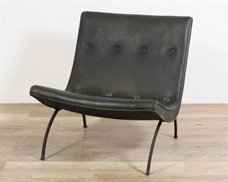 169	Milo Baughman for Thayer Coggin Scoop Lounge Chair	"Milo Baughman (Goodland, KS, 1923-2003). 'Scoop' lounge chair for Thayer Coggin. High Point, NC, circa 1960s. Black leather chair with arch form iron legs. Original Thayer Coggin and manufacturing labels on underside of chair. Wrinkling, scuffs, dirt, and wear  throughout leather. Small tears to leather on left side of back of chair. Wear and scuffs to metal of legs. One screw missing from frame of right legs.

26 1/8"" W x 29"" D x 27 1/2"" H"

