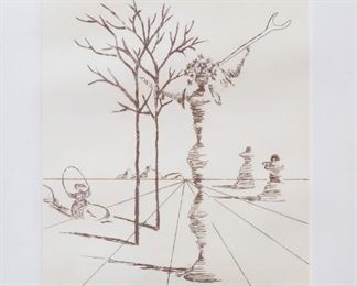 176	After Salvador Dali Etching Trees	After Salvador Dali (Spain, 1904-1989). Etching of trees and figures. Signed in pencil lower right. 9 1/4" x 7 3/4" (with frame 17" x 16").

