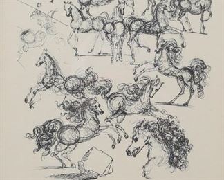178	After Salvador Dali Lithograph Les Petits Chevaux	After Salvador Dali (Spain, 1904-1989). Lithograph, Les Petits Chevaux (The Small Horses). Signed in the plate lower center and numbered 39/320 in pencil lower left. Sheet 14 1/4" x 10 3/8" (with frame 21 1/2" x 17 1/2"). Discoloration along left and right sides of sheet, sheet slipping from mounting inside frame.
