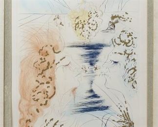 181	After Salvador Dali Etching Let Him Kiss Me	After Salvador Dali (Spain, 1904-1989). Embellished etching, Let Him Kiss Me. Pencil signed lower right and numbered EA in pencil lower left. Plate 15 5/8" x 9 7/8" (with frame 27" x 20"). Foxing and discoloration to mat, some foxing to image, frame separating at corners.
