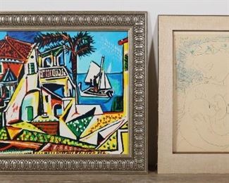 185	2 Prints After Picasso	"After Pablo Picasso (Spain, 1881-1973). 2 prints. Collection Domaine Picasso giclee on canvas, Mediterranean Landscape, numbered lower left 55/500, 19 1/2"" x 26 1/2"" (with frame 26"" x 33""); Lithograph, Mother and Child, signed and dated 29.4.63 in the plate upper right, sheet 22 7/8"" x 18 1/4"". Mother and child glued to mount, front of mat separated, foxing throughout image, fraying to front of mat.
"
