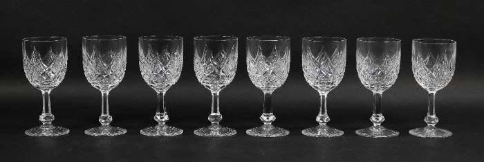 193	Set of 8 Baccarat Crystal Colbert Port Wines	8 pieces Baccarat Colbert pattern crystal stemware. Port wines, each 6"H. Etched Baccarat France marks. One ground at rim and shorter.
