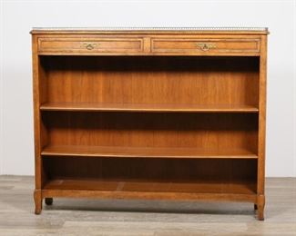 212	Milling Road by Baker Furniture Bookcase	"Baker Milling Road French Provincial style bookcase. Mid 20th century. Two drawers, two shelves, brass gallery on top. Milling Road Furniture brand mark on inside of left drawer. Wear and chips to wood on top of bookcase. Small nicks and scuffs to wood on left and right sides and feet of bookcase. Two holes in wood of back of bookcase. 

48"" W x 10"" D x 38 3/4"""
