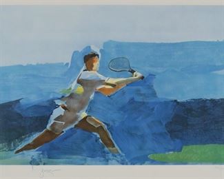 231	Steve Kuzma Lithograph, Tennis	"Steve Kuzma (American, 20-21st century). Lithograph of a tennis player. 
Pencil signed, lower left, pencil numbered HC 17/17, lower right.
Framed.
20 1/2"" x 28 3/16"" (27 7/16"" x 35"" framed).
Blind stamp lower right.
Some staining on verso."
