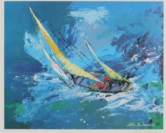 232	LeRoy Neiman Signed Silkscreen Print Sailing	LeRoy Neiman (American, New York, 1921-2012). Silkscreen print, Sailing. Signed in the plate and dated '77 and signed in ink lower right. 21 1/2" x 26 1/2" (with frame 31 1/8" x 35 7/8"). Chip to one corner of frame.
