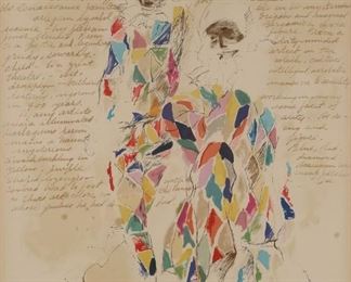 233	LeRoy Neiman Lithograph, Harlequins	"LeRoy Neiman (American, 1921-2012). Lithograph, Harlequins. Pencil signed lower right, numbered 11/200 in pencil, lower left.
Circa 1972.
Framed.
29"" x 23"" (37"" x 31"" framed).
Some wear on frame and tearing on back paper lining.
"
