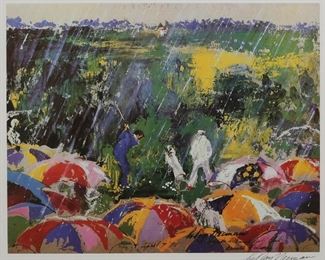 235	LeRoy Neiman Signed Print Arnie in the Rain	LeRoy Neiman (American, New York, 1921-2012). Golf print, Arnie in the Rain. Signed, dated April 7 '73 and captioned Augusta National Golf Club Arnold Palmer in the plate, and signed in ink lower right. 19 3/4" x 24" (with frame 39 1/2" x 33 1/2"). Some separation at corners of frame.
