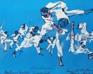 234	LeRoy Neiman Print, Olympic Judo Poster	"LeRoy Neiman (1921-2012). Olympic Judo poster print.
Pencil signed, lower center above printed text.
Framed.
10 1/2"" x 14 11/16"" (16 1/4"" x 20 1/4"" framed).
Some scratches on frame and staining on back of frame."
