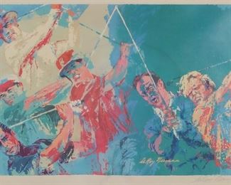 237	LeRoy Neiman Signed Print Legends of Golf	LeRoy Neiman (American, New York, 1921-2012). Print, Legends of Golf. Signed in the plate and pencil signed lower right. 21 1/2" x 32 3/4" (with frame 32" x 43 1/2"). Some discoloration and foxing in margins and to mat, waviness to paper, dirt and discoloration across bottom of mat.
