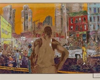 238	LeRoy Neiman Serigraph Harlem Streets	LeRoy Neiman (American, New York, 1921-2012). Serigraph city street scene, Harlem Streets. Pencil signed lower right and numbered 76/500 in pencil lower left. 25 1/4" x 41 7/8" (with frame 35 7/8" x 53"). Vertical creases throughout image.
