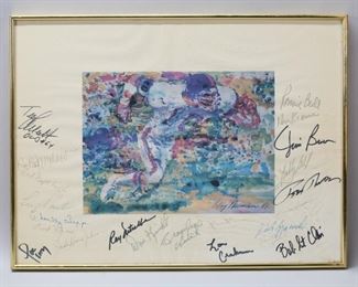 239	LeRoy Neiman Print With NFL Autographs	LeRoy Neiman (American, New York, 1921-2012). Print of a football player, signed and dated '81 in the plate lower right. Hand signed in the margin by retired NFL players. Autographs include Ronnie Bull, Ron Kramer, Jim Brown, Bobby Bell, Ted Albrecht, Ray Nitschke, Bob St. Clair. 14 5/8" x 19 1/2" (with frame 15 1/4" x 20 1/4"). Staining and discoloration in margin, waviness to paper.
