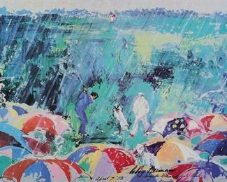 240	LeRoy Neiman Print Arnie in the Rain	LeRoy Neiman (American, New York, 1921-2012). Golf print, Arnie in the Rain. Signed, dated April 7 '73 and captioned Augusta National Golf Club Arnold Palmer in the plate. 18" x 22 5/8" (with frame 32" x 34"). Some foxing to image; no glass on frame, staining to mat, laminate cracked and separating from frame.
