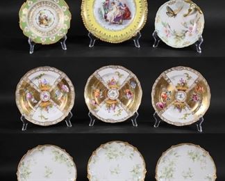 258	9 Pieces Continental Porcelain Meissen, Limoges	"9 pieces Continental porcelain including set of 3 Meissen plates with gilt and floral decoration and courting scenes, all with blue Meissen crossed swords marks (all with 2 slash marks through marks), 7 3/4""-diameter; Imperial Crown China Austrian porcelain plate with allegorical scene, 8 1/8"" diameter; unmarked bread and butter plate with courting scene, 6 1/4""-diameter; set of 3 Limoges plates with GDA (Gerard, Dufraisseix & Abbot) France and CH Field Haviland Limoges marks, each 7 3/4""-diameter; hand painted T&V Limoges nappy with butterfly and flower decoration, artist initialed E.M.B., 6""-diameter. 

Scratches throughout gilt decoration on Meissen plates, chips to rim and line from rim on bread and butter plate, losses to gilt decoration on Haviland Limoges plates, flake to rim of nappy."
