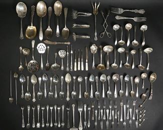273	Lot of Sterling Flatware & Serving Pieces	Large lot of mixed sterling silver flatware, including serving pieces. Including Gorham, Towle, Whiting, International, Reed & Barton. 2552.3 grams not including mother-of-pearl handled pieces. Gorham Hizen oyster form spoon 6 3/4"L.
