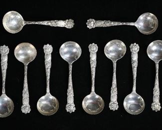 277	12 Alvin Bridal Rose Sterling Soup Spoons	Set of 12 Alvin sterling silver soup spoons in the pattern Bridal Rose. Each 5"L. 246.8 grams total. Monogrammed.
