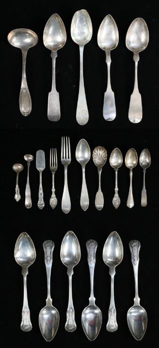 279	Lot of Coin Silver Flatware	Lot of coin silver, mostly spoons. Including serving spoons, set of 6 teaspoons, Lowell & Senter, J.E. Caldwell & Co., J.M. Freeman, Griffen & Son, T. Perkins, F.W. Macomber, Gerrish & Pearson, J. Hollister. 656 grams total. End of one spoon chipped.

