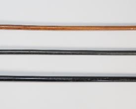 290	3 Presentation Canes With Rolled Gold Handles	3 presentation canes with rolled gold handles. Ebonized cane with R.F.S. & Co. handle, handle inscribed Geo. Hippard Christmas 1889; ebonized cane with handle inscribed and dated Dec. 25, 1872; wooden cane. R.F.S. & Co. cane 35"L. Scratches and losses to wood on all, handle loose and dented on 1872 cane with chips to wood around handle and end missing, handle separating from wooden cane with dents to handle and end.
