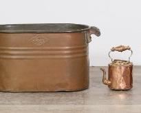 304	Lot of Copper Cookware, Boiler, Teapots	Lot of copper including buckets, Nesco boiler tub, teapots. Boiler 26 1/2"L x 13 1/4"H including handles. All with dents and losses to patina.
