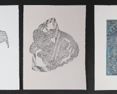 322	5 Collagraphs by Steve Mayo	"Steve Mayo (American, 20th century). Collagraph on paper. All except for smallest signed ""Steve Mayo"" lower right on verso. Waviness to paper. Light charcoal smudges to paper of two collagraphs. Small tear to upper center of paper of couple embracing collagraph. Creases to paper on center right of one collagraph.

Largest: 19 3/4"" x 14 3/4"" sight, 30"" x 24"" sheet. Smallest: 5 3/4"" x 13 3/4"" sight, 14 3/4"" x 22""."
