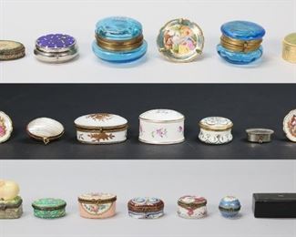 339	Lot of Trinket Boxes & Limoges Miniature Plates	Lot of 17 trinket / pill boxes, including 4 Limoges, 2 blue glass, 2 unmarked porcelain - 1 with pig lid, 1 Crown bone china, 2 Halcyon Days Enamels, 2 silver tone - 1 with abalone, 1 shell, 2 gold tone - 1 with stone lid and 1 with needlepoint, 1 lacquer with mother-of-pearl; with 3 Limoges miniature porcelain plates with courting scenes. Lacquer box scratched and with losses to decoration on lid.
