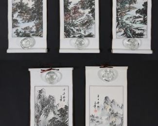 348	5 Chinese Scroll Prints The Four Seasons	5 Chinese landscape scroll prints, The Four Seasons. Summer, winter, autumn and spring, with an additional summer scroll. Each 27 1/2"L x 9"W.
