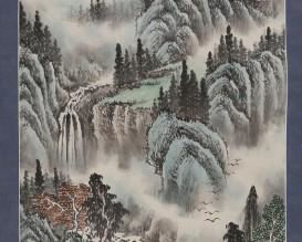 350	Chinese Scroll on Paper Landscape	Chinese scroll on paper, waterfalls in landscape. Signed with inscription and two red seals, upper right. 50 1/4" x 18" (total 73 1/2" x 21 5/8"). Waviness and creasing throughout, small tear along left side below image, some staining and discoloration visible on back of scroll.
