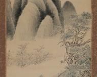 353	Chinese Scroll Scholars in Landscape	Chinese scroll on paper, scholars in landscape. Signed upper right with inscription and red seal. Image 54" x 13 1/4" (total 75 1/2" x 18"). Creases throughout, losses to color on red background, some fading to image.
