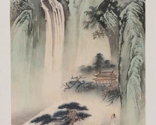 351	Chinese Silk Scroll Landscape	Chinese silk scroll, people and waterfall in landscape. Signed upper left with inscription and red seal, with additional text on outside edge. Image 38 1/2" x 15 3/8" (total 69 3/4" x 20 1/4"). Foxing, staining and discoloration throughout, some creasing.
