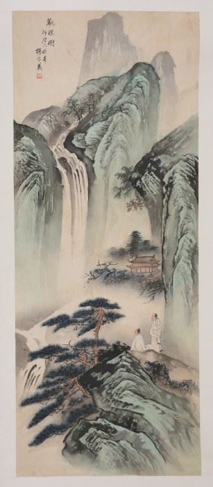 351	Chinese Silk Scroll Landscape	Chinese silk scroll, people and waterfall in landscape. Signed upper left with inscription and red seal, with additional text on outside edge. Image 38 1/2" x 15 3/8" (total 69 3/4" x 20 1/4"). Foxing, staining and discoloration throughout, some creasing.

