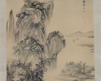 354	Chinese Scroll on Paper River Landscape	Chinese scroll on paper, people in river landscape. Signed with inscription and two red seals upper right and an additional red seal lower left. Image 44" x 23 1/2" (total 86" x 30"). Creases throughout, small hole in sky upper right, some staining and discoloration to image.
