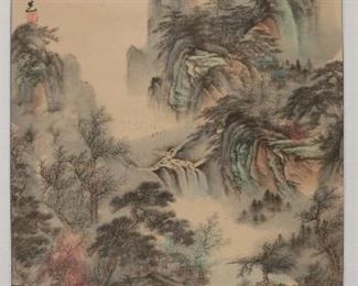 356	Chinese Landscape Scroll Print	Chinese landscape scroll print. Signed in the print with inscription and red seal, upper left. Image 51 3/4" x 25 1/4" (total 78 1/2" x 29"). Creasing throughout.
