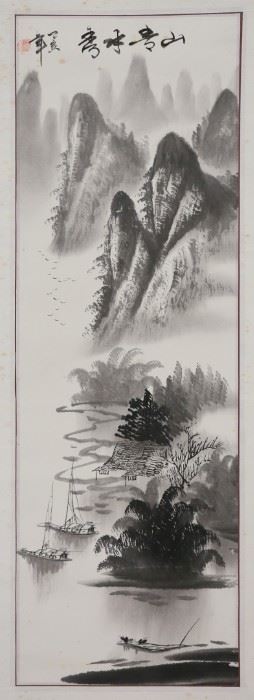 357	Chinese Landscape Scroll on Paper	Chinese scroll on paper, mountain landscape. Signed with inscription and red seal, upper left. Image 37 1/2" x 12 1/2" (total 56 1/2" x 15 3/4"). Foxing and staining throughout, small tear lower right.
