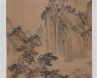 358	Chinese Landscape Scroll on Silk	Chinese scroll on silk, landscape. Signed upper left with inscription and red seal, with additional label and seal on outside edge. Image 33 5/8" x 15" (total 70"x  20"). Waviness and creasing throughout, some foxing to white fabric above and below image.
